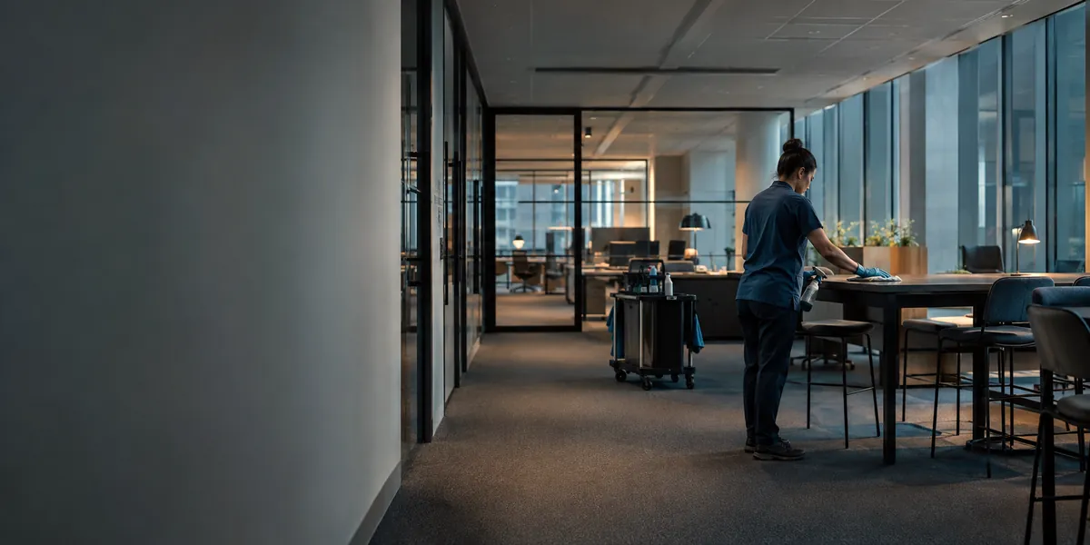 Agent de nettoyage intervenant tôt le matin dans des bureaux encore inoccupés.